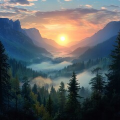 Obraz premium Sunrise over Misty Mountain Valley and Forest