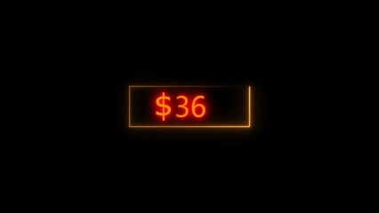 Neon bright USD Dollar growing from $36 orange color illustration. Black background circle orange color frem 4k illustration.
