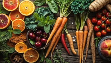 Colorful Organic Fruits and Vegetables on Rustic Wooden Table