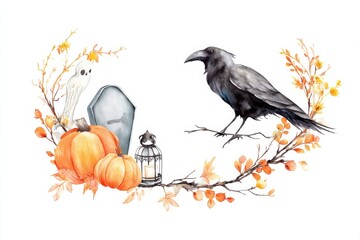 Spooky watercolor Halloween scene with a raven, pumpkins, and autumn leaves.