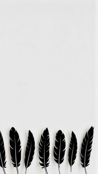 Seven black decorative feathers border a white backdrop, creating a simple and modern graphic design element for creative projects.