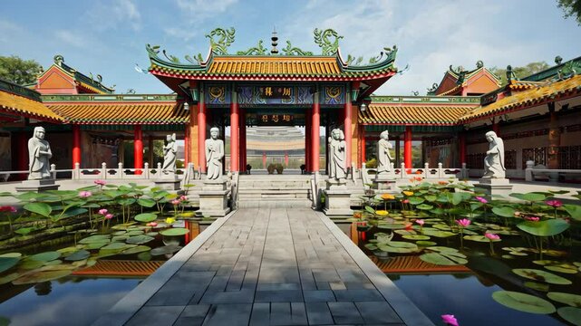 Pathway to ornate temple courtyard with water lilies and statues, traditional architecture, serene pond reflecting classical buildings