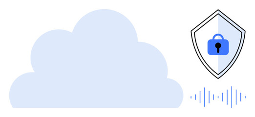 Large cloud, shield with a lock symbol, sound waves underneath. Ideal for cloud computing, data security, cybersecurity, online privacy, digital safety secure storage protection themes. Modern