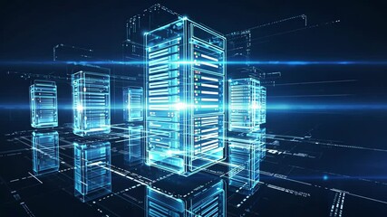 Abstract glowing server racks visual presentation with data processing on a dark blue background for cloud computing service. - Powered by Adobe