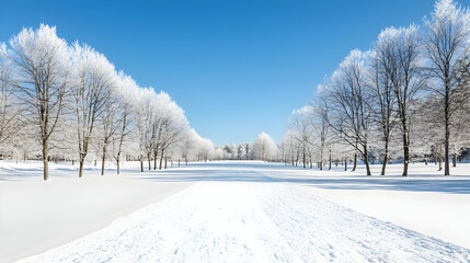 Obraz premium Snowy Winter Park Landscape Under Clear Blue Sky