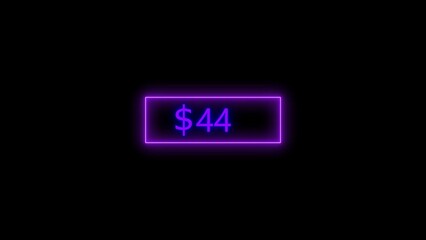 Dollar icon neon bright from $44 purple color illustration. Black background circle purple color frem 4k illustration.