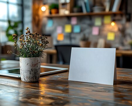 Inspiring Workspace with Blank Card for New Opportunities
