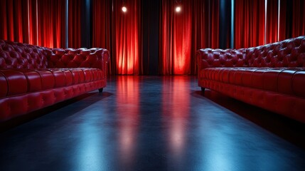 The image features an elegant lounge with stylish red sofas, showcasing an inviting atmosphere, deep colors, and artistic lighting that complements the luxurious surroundings.