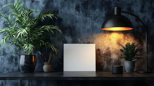 Blank card on a sleek office desk with a glowing lamp