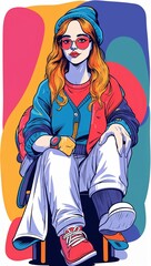 Nonbinary in sliding down a slide in the playground style cartoonish bold outlines and flat colors modern digital illustration