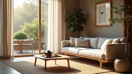 A cozy japandi living room showcasing a comfortable couch and coffee table bathed in soft morning light creating a relaxing and inviting atmosphere