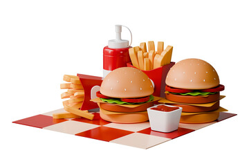 3d Hamburger and French fries icon. American street fast food. Floating burger and French fries. Minimal Cartoon Delicious Burger beef and vegetables meal isolated on red tasty background. 3d render.