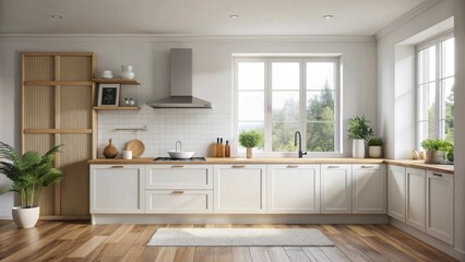 Fototapeta premium Bright and airy kitchen with minimalist design featuring white cabinets, wood flooring, and natural light