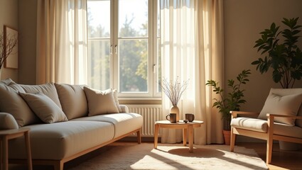 A cozy european style living room interior featuring a couch and plant, bathed in soft light, creating a relaxing space with warm textures and inviting decor for daily comfort