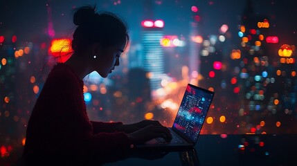 Woman working at night on laptop in city