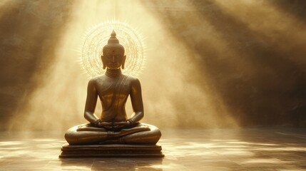 A serene image of a Jain Tirthankara meditating under a glowing halo of light