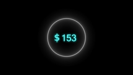 Dollar icon neon bright from $153 cyan color illustration. Black background circle cyan color frem 4k illustration.