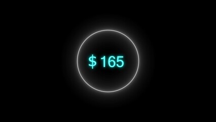 Dollar icon neon bright from $165 cyan color illustration. Black background circle cyan color frem 4k illustration.