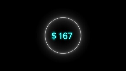 Dollar icon neon bright from $167 cyan color illustration. Black background circle cyan color frem 4k illustration.