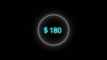 Dollar icon neon bright from $180 cyan color illustration. Black background circle cyan color frem 4k illustration.