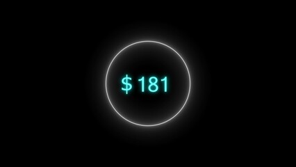 Dollar icon neon bright from $181 cyan color illustration. Black background circle cyan color frem 4k illustration.