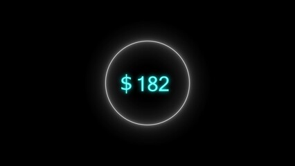 Dollar icon neon bright from $182 cyan color illustration. Black background circle cyan color frem 4k illustration.