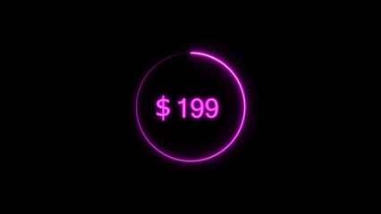 Dollar icon neon bright from $ magenta color illustration. Black background circle magenta color frem 4k illustration.