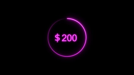 Dollar icon neon bright from $200 magenta color illustration. Black background circle magenta color frem 4k illustration.
