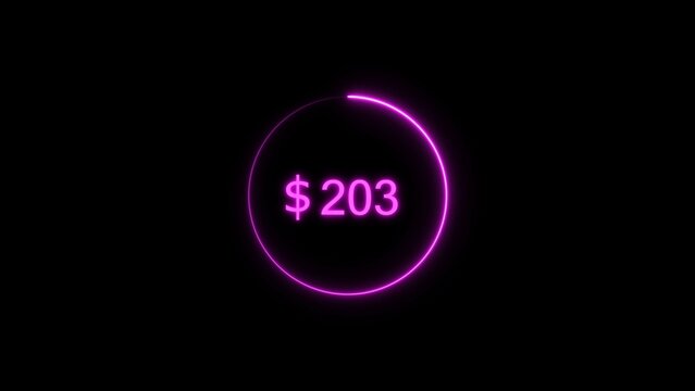 Dollar icon neon bright from $203 magenta color illustration. Black background circle magenta color frem 4k illustration.