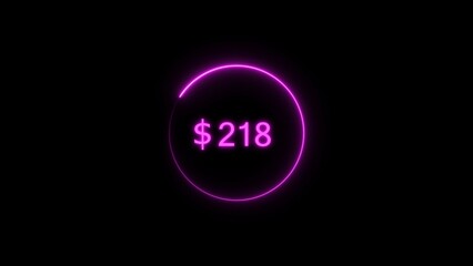 Dollar icon neon bright from $218 magenta color illustration. Black background circle magenta color frem 4k illustration.