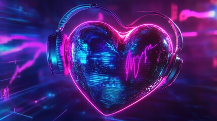 A black 3d-rendered heart wearing black and red over-the-ear headphones