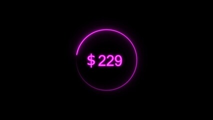 Dollar icon neon bright from $229 magenta color illustration. Black background circle magenta color frem 4k illustration.