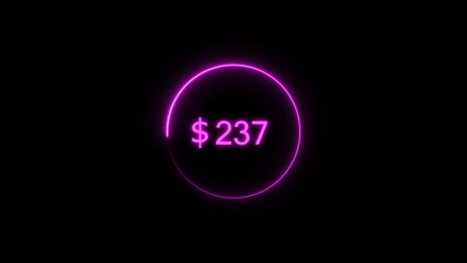 Dollar icon neon bright from $237 magenta color illustration. Black background circle magenta color frem 4k illustration.