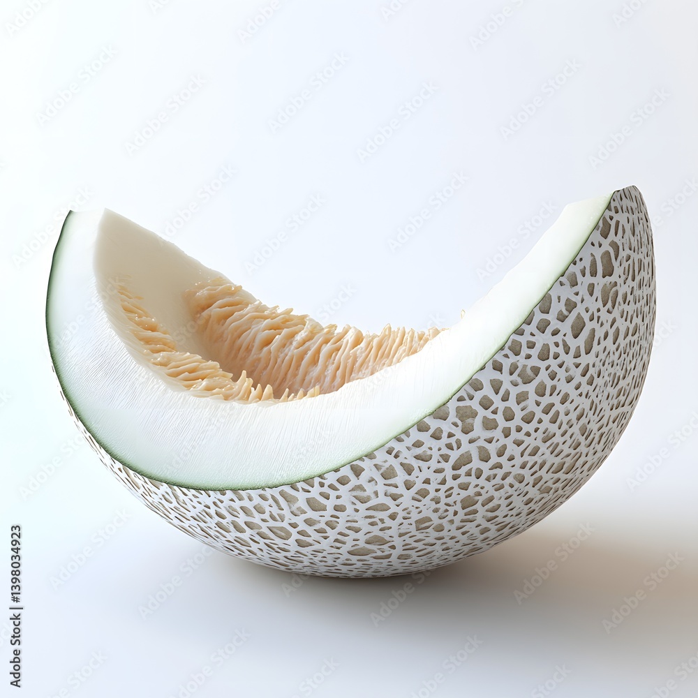Poster close-up of a cut honeydew melon, showcasing its vibrant flesh and intricate texture. fruit isolated