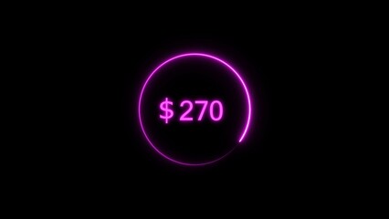 Dollar icon neon bright from $270 magenta color illustration. Black background circle magenta color frem 4k illustration.