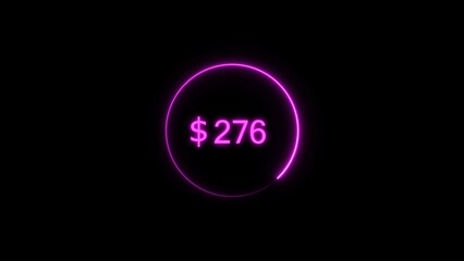 Dollar icon neon bright from $276 magenta color illustration. Black background circle magenta color frem 4k illustration.