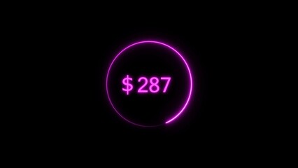 Dollar icon neon bright from $287 magenta color illustration. Black background circle magenta color frem 4k illustration.