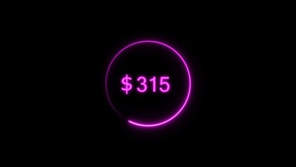 Dollar icon neon bright from $315 magenta color illustration. Black background circle magenta color frem 4k illustration.