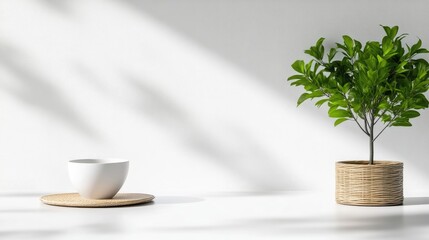 A white ceramic cup on a wooden coaster next to a lush green potted plant, minimalistic composition with soft sunlight shadows on white wall, and serene indoor setting.