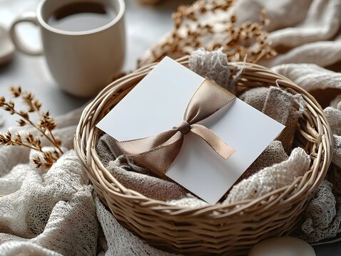 A thoughtful gift card in a cozy basket for a new job