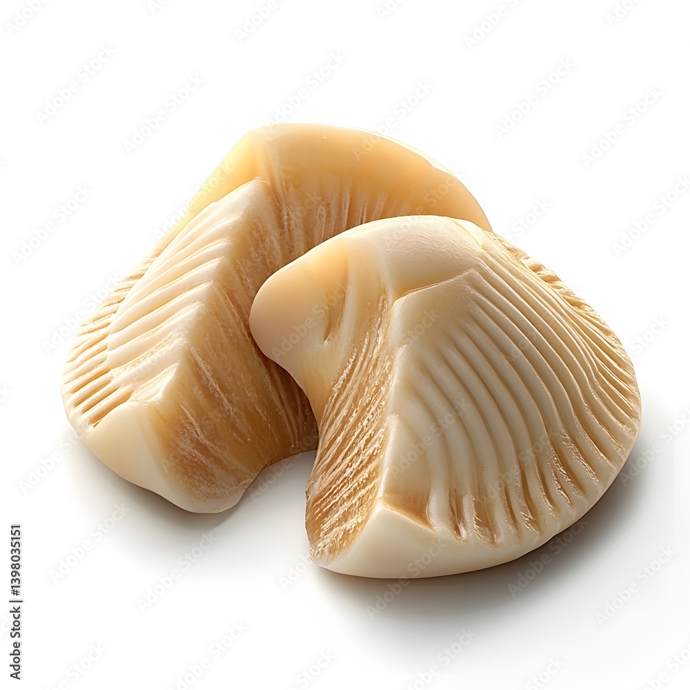 Aufkleber close-up of two creamy, carved shells on a white background. the shells have a smooth, elegant textu