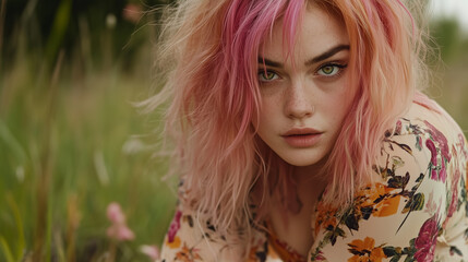 Naklejka premium Portrait of Beautiful Woman with Rose-Gold Hair in Fantasy City