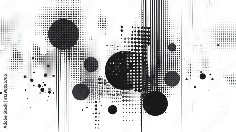 Poster abstract monochrome composition featuring halftone patterns and geometric shapes creating a visually