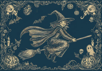 A Beige Witch Flying on a Broom Against a Dark Blue Starry Night Sky