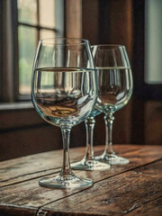 Empty wine glass on a wooden table, vintage style.