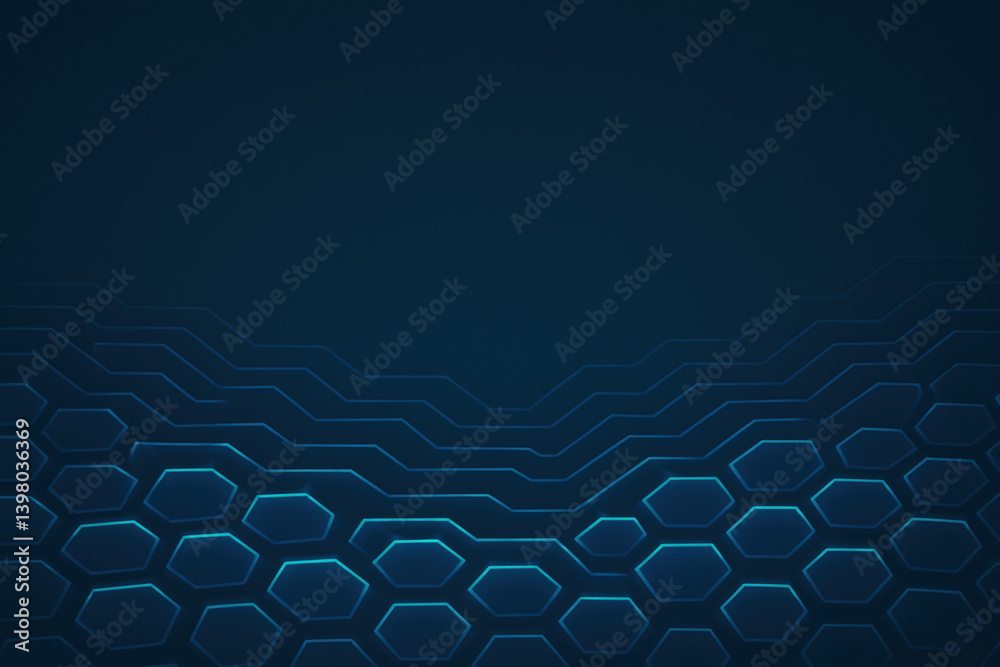 Poster this features a stunning background with curved layered hexagonal patterns glowing in deep cyan crea