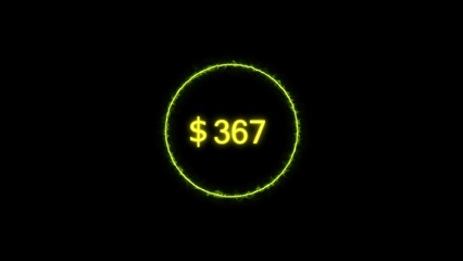 Dollar icon neon bright from $367 lime green color illustration. Black background circle lime green color frem 4k illustration.