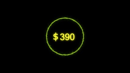 Dollar icon neon bright from $390 lime green color illustration. Black background circle lime green color frem 4k illustration.