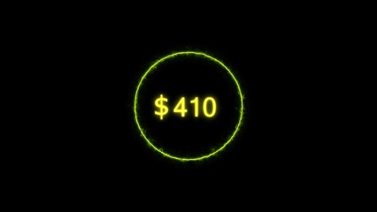 Dollar icon neon bright from $410 lime green color illustration. Black background circle lime green color frem 4k illustration.