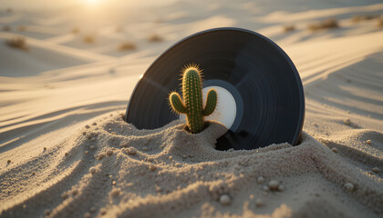 Obraz premium Partially Buried Vinyl Disc with Cactus Sprouting in Desert Setting